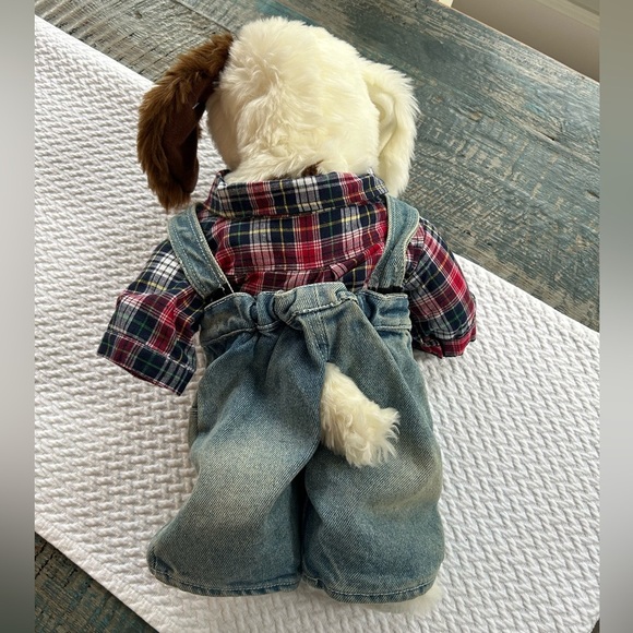 Build-A-Bear Dog Brown White Denim Overalls Plaid Shirt Ears Bend Made in USA - Picture 9 of 13